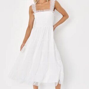 Darling Dancer White Swiss Dot Ruffled Tiered Midi Dress